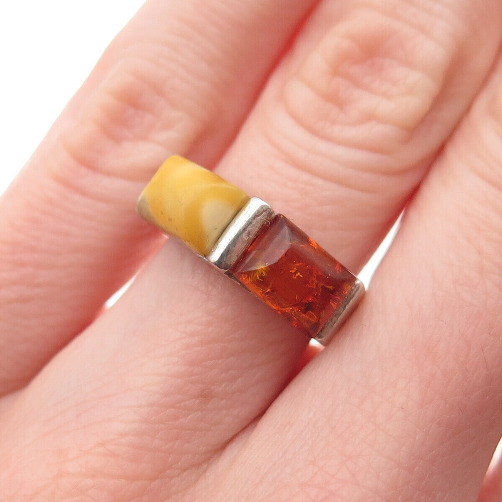 925 Sterling Silver Vintage Real Butterscotch & Baltic Amber Ring Size 5